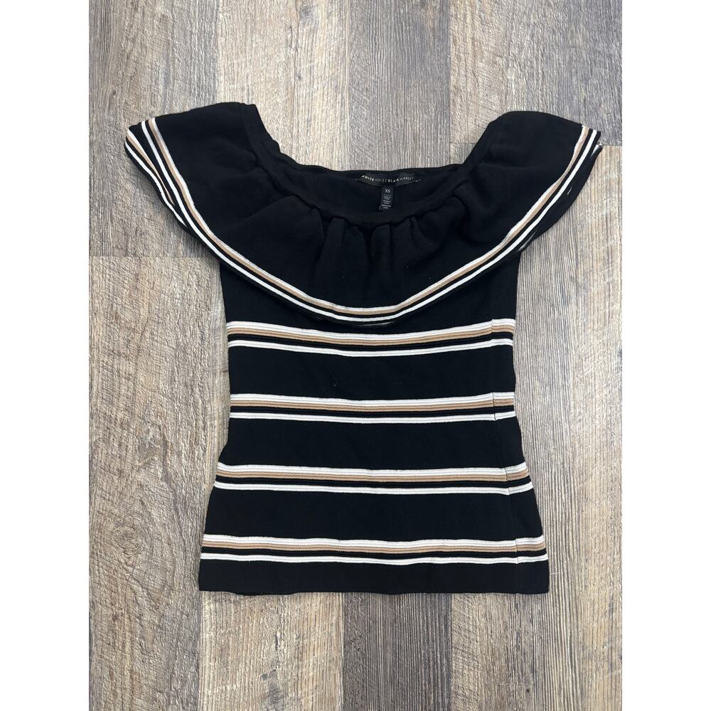 White House Black Market Striped‎ Ruffle Off Shoulder Knit Top Black XS